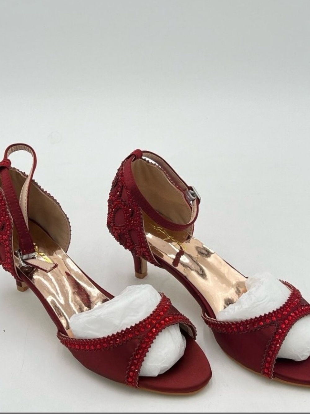 Red Rhinestone Kitty Heels Satin Sparkly Formal Shoes